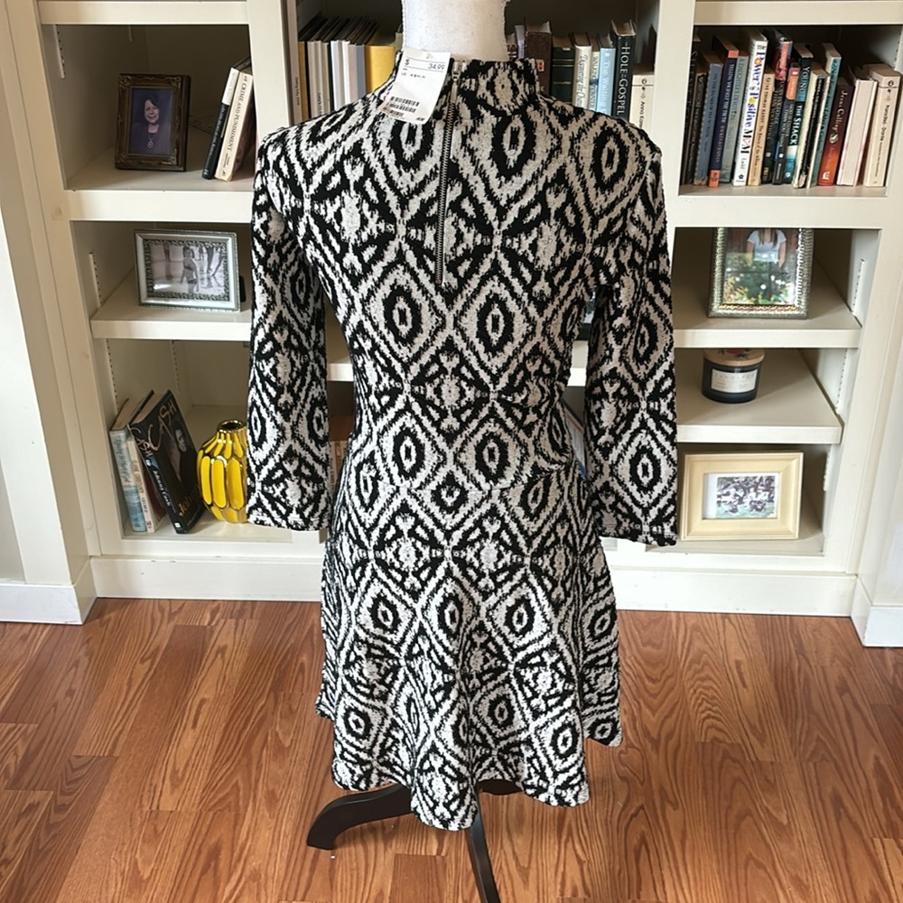 NWT H&M Black White Long Sleeve Mock Turtleneck Fit & Flare Dress Small Casual - Picture 4 of 11